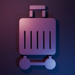 Purple Suitcase for travel icon isolated on purple-blue background. Traveling baggage sign. Travel luggage icon. Minimalism concept. 3D render illustration