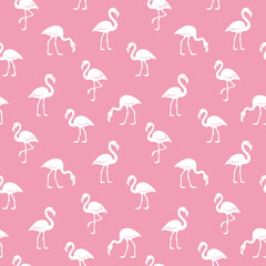 White flamingos repeat on pink in a playful tropical pattern for wallpaper or textile design