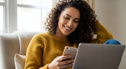 Happy woman relaxing at home using smartphone and laptop smiling cheerful comfortable cozy lifestyle technology digital nomad remote work