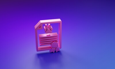 Pink Medical certificate for travel with dog or cat icon isolated on purple-blue background. Document for pet. Dog or cat paw print. Minimalism concept. 3D render illustration