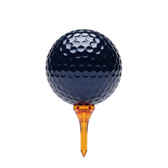 A sleek, midnight blue, pearlescent golf ball with precise dimples on a vibrant orange, translucent golf tee, isolated against a transparent background, high-tech product design