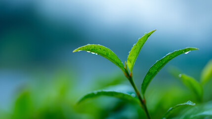 Obraz premium Close-up of vibrant blueberry leaves with morning dew and natural backlighting.