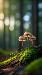 Three delicate mushrooms grow on a mossy log in a sunlit forest