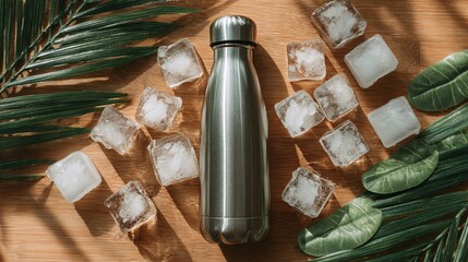 Stainless Steel Water Bottle with Ice Cubes and Tropical Leaves on Wooden Surface