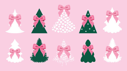 Christmas Tree Silhouette with Pink Bow Illustration. Christmas trees with different bows. Traditional symbol of Christmas and New Year. New year decoration. Retro Christmas card. Wonderful winter tim