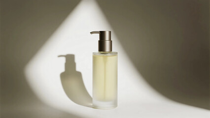 Obraz premium Glass Pump Bottle with Neutral Tones. mock up. skin care. cosme. perfume.
