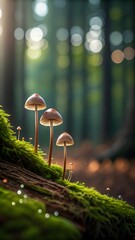 Mushrooms on Moss in Enchanted Forest with Sunlight Bokeh
