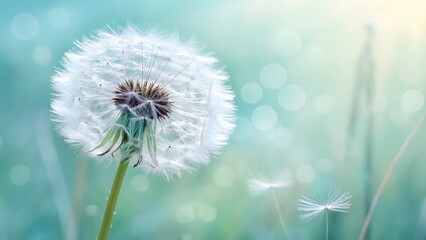 Close up of a fluffy white dandelion seed head with seeds blowing in the wind