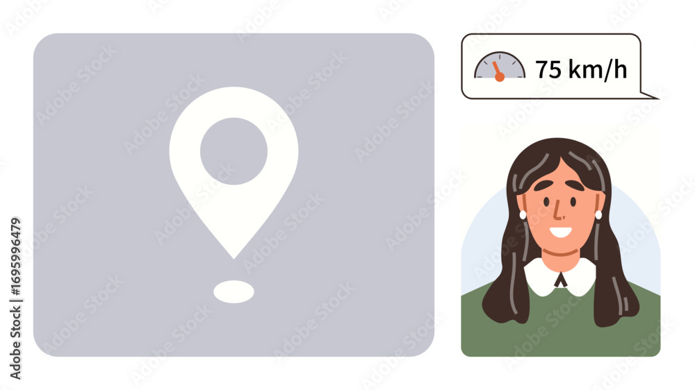 Poster geolocation symbol alongside smiling woman with conversational speech bubble showing speed metric. i