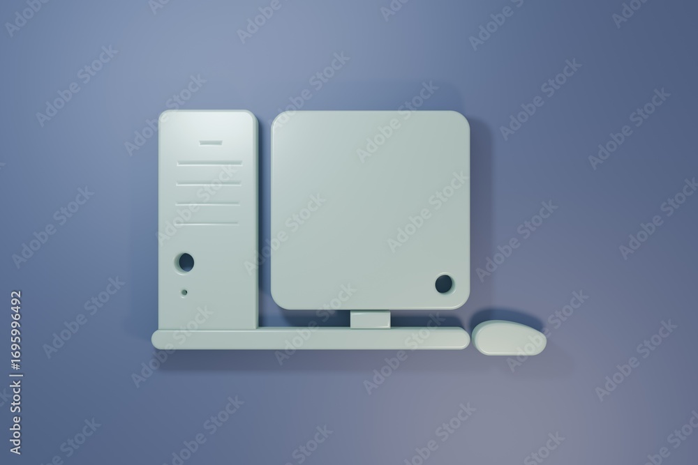 Poster grey computer monitor with keyboard and mouse icon isolated on purple-blue background. pc component 
