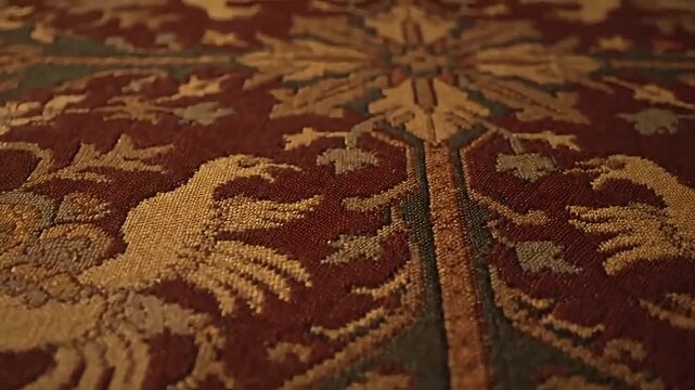 Intricate Persian rug with detailed bird motifs and floral patterns in warm, rich colors.