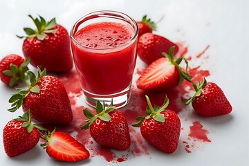 Whole and halved strawberries with juice in glass