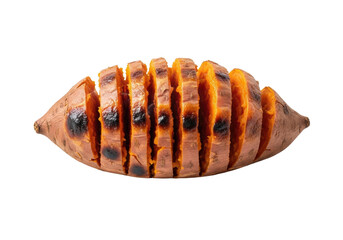 Perfectly baked sweet potato with crispy golden skin and moist, caramelized orange interior, subtle steam, on transparent background with copy space, photorealistic studio light, culinary art