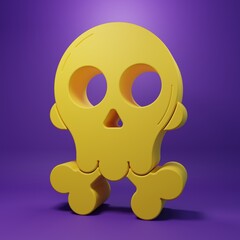 Yellow Skull on crossbones icon isolated on purple background. Happy Halloween party. Minimalism concept. 3D render illustration