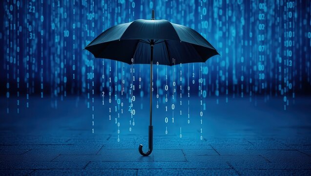 A black umbrella protecting against falling binary code on a blue textured surface background