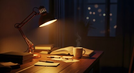 Cozy evening desk with lamp book and coffee mug warm light