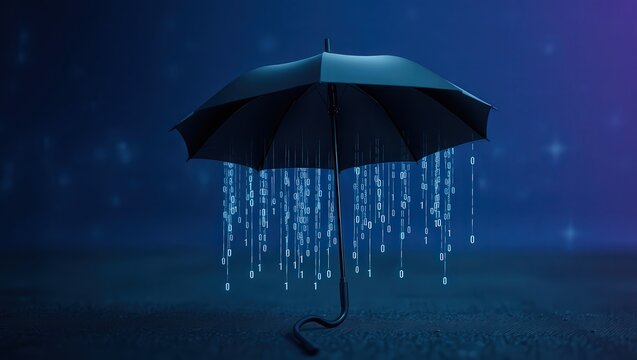 A black umbrella protecting from falling binary code on a dark blue and purple gradient background - Powered by Adobe
