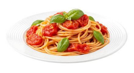 Delicious spaghetti with tomato sauce and basil isolated on transparent background
