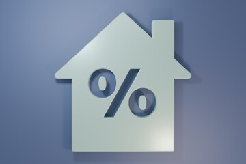 Grey House with percant discount tag icon isolated on purple-blue background. House percentage sign price. Real estate home. Minimalism concept. 3D render illustration