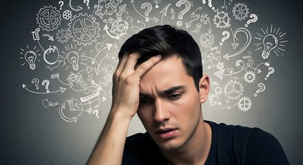 Man with hand on forehead thinking hard with abstract thought bubbles above his head