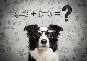Intelligent Border Collie Dog Wearing Glasses Solves Math Problem