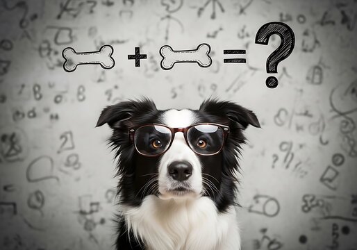Intelligent Border Collie Dog Wearing Glasses Solves Math Problem - Powered by Adobe