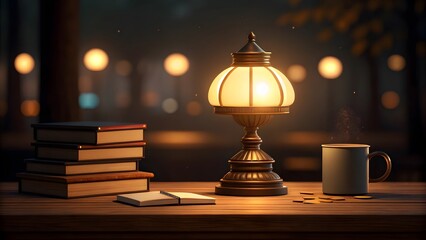 Cozy evening with antique lamp stack of books and mug of coffee
