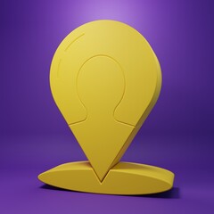Yellow Map marker with a silhouette of a person icon isolated on purple background. GPS location symbol. Minimalism concept. 3D render illustration