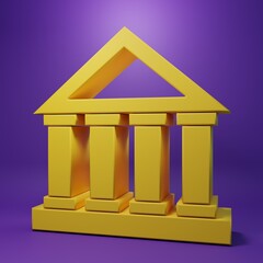 Yellow Courthouse building icon isolated on purple background. Building bank or museum. Minimalism concept. 3D render illustration
