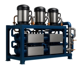 Chiller plant with multiple compressors and evaporators for centralized cooling in a heavy-duty manufacturing complex.