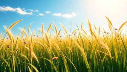 Golden wheat field under bright blue sky during sunset