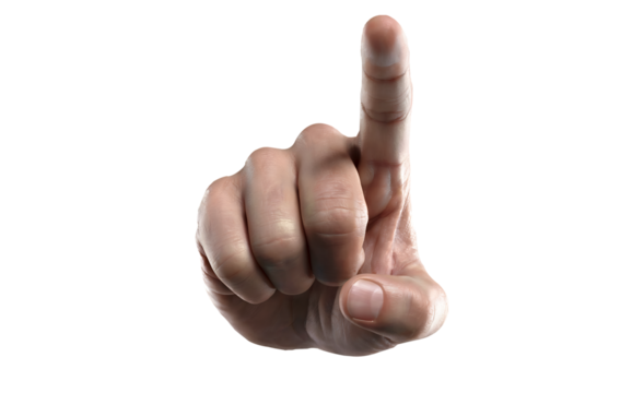 A close up shot of a human hand with the index finger raised against a white background space