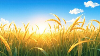 Golden wheat field under bright blue sky with clouds