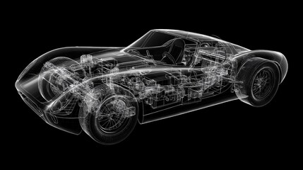 Naklejka premium Detailed rendering of a transparent sports car showcasing internal components and engineering design