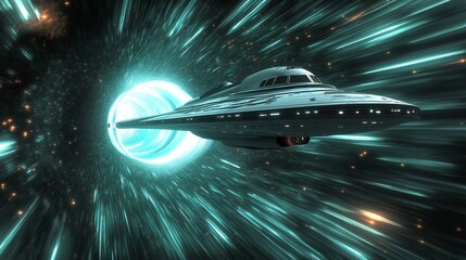 Science fiction spaceship travels through a swirling black hole in a distant galaxy
