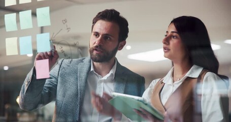 Business team, tablet and writing on glass in office for profit margin, pricing strategy and planning. Financial stakeholders, people and notes with tech for operational efficiency and startup growth - Powered by Adobe