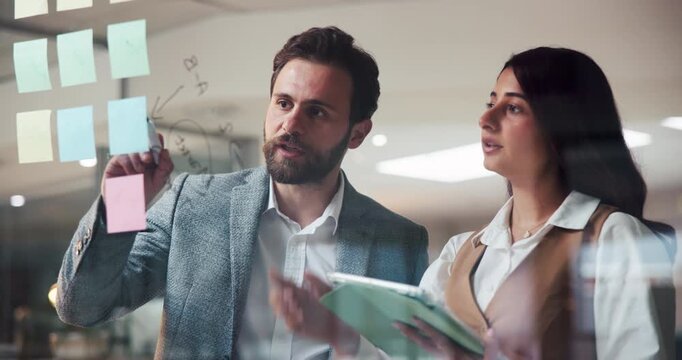 Business team, tablet and writing on glass in office for profit margin, pricing strategy and planning. Financial stakeholders, people and notes with tech for operational efficiency and startup growth - Powered by Adobe