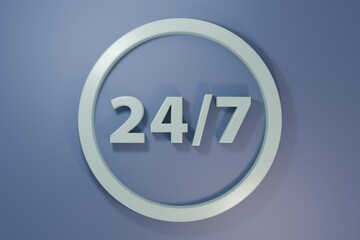 Grey Clock 24 hours icon isolated on purple-blue background. All day cyclic icon. 24 hours service symbol. Minimalism concept. 3D render illustration