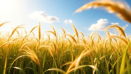 Golden wheat field under bright blue sky with clouds