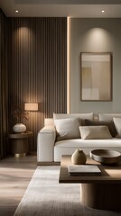Modern Indian Living Room Interior with Fluted Wood Wall and Beige Sofa