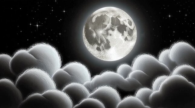 Bright full moon shining behind clouds in night sky with stars
