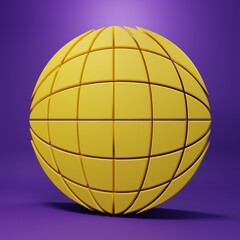 Yellow Earth globe icon isolated on purple background. World or Earth sign. Global internet symbol. Geometric shapes. Minimalism concept. 3D render illustration