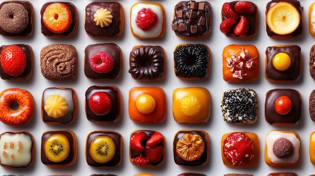 Rows of colorful square desserts on a white background, various toppings