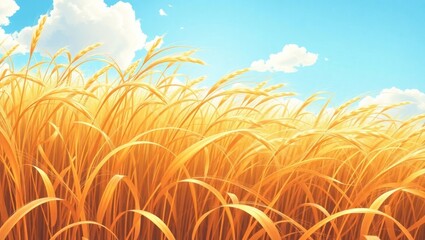 Golden wheat field under bright blue sky with clouds