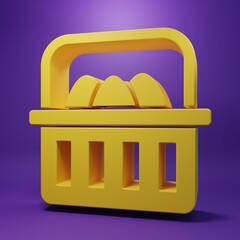 Yellow Basket with easter eggs icon isolated on purple background. Happy Easter. Minimalism concept. 3D render illustration