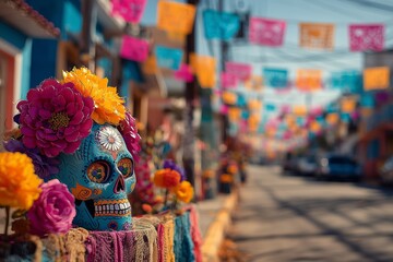 Fototapeta premium Colorful Day of the Dead Celebration with Catrina and Papel Picado