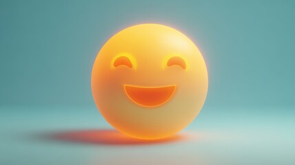 Fototapeta premium Bright yellow smiling emoji ball with cheerful face, happy expression, smooth surface, and glowing illumination on soft blue background