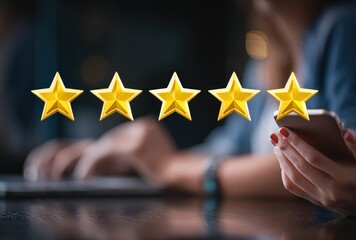 Golden stars overlay a person using a laptop and phone, suggesting positive feedback