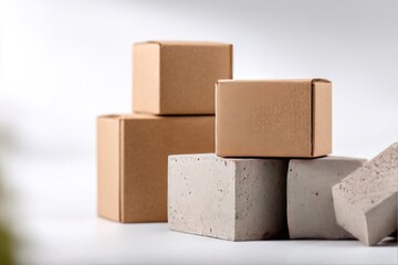 Obraz premium Stacked light brown cardboard boxes and grey concrete blocks