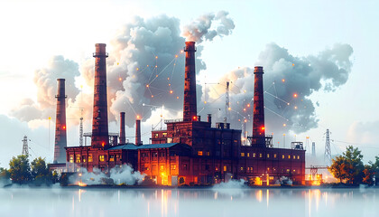 Obraz premium Factory to AI Cloud Network Illustration | Minimalist Industrial Tech Design 